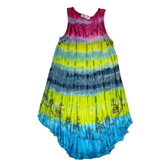 J Gee Tank Midi Dress One Size Multicolor Rainbow Tie Dye Gauzy Embroidered - Picture 5 of 9